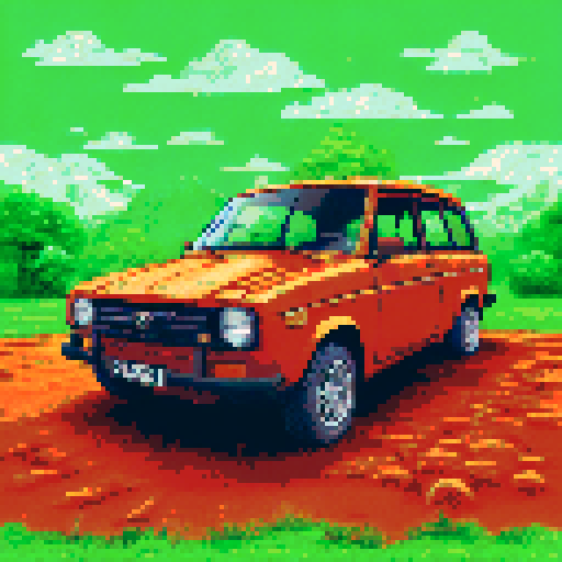 photorealistic green Lada Granta car, front view, center, desert landscape, pixel art, sRGB