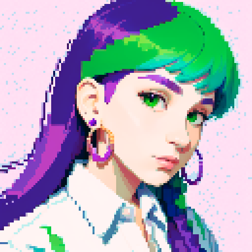 Portrait of a non binary person with long purple and green hair, feather earrings on one ear, and a tropical buttoned down shirt 