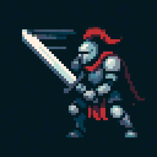 Knight in silver armor, giant two-handed sword, standing pose, sword raised, horizontal swing, motion blur, sword recoil, 64x64 resolution, 8-bit style, steel blue, crimson, charcoal, eggshell, sRGB, pixel art