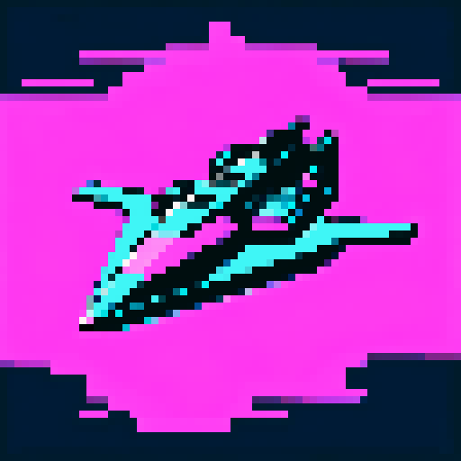 16-bit pixel art spaceship, small blocky silver hull with a few rust spots, glowing cyan engines at the back, flying fast left-to-right with a long, thin cyan-magenta hyperspace trail streaming behind, simple black starry background, SNES retro style, 64x64px grid, limited 8-color palette, sharp pixel edges, minimal detail

