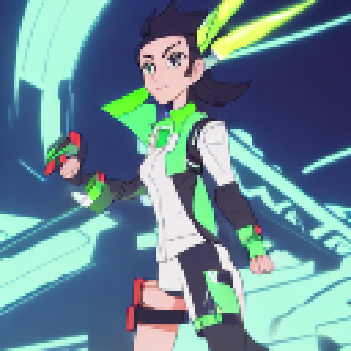 Jet from Rogue company, surrounded by neon lights, poised to strike with her sleek and stylish guns.