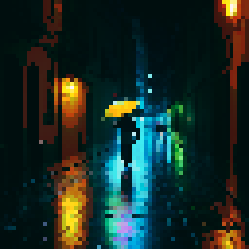 A man walking in the rain down a well lit street. 