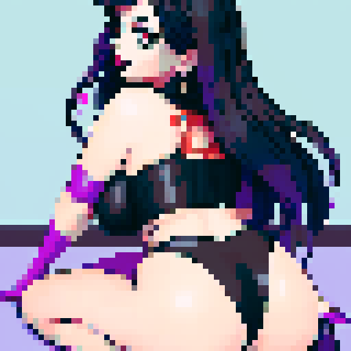 curvy goth girl sitting, black hair, purple eyeshadow, red lipstick, rear end view, rear view glamour shot, pixel art, vibrant sRGB colors, edgy aesthetic