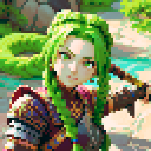 female warrior, vibrant green hair with braids, large sword, fantasy RPG character portrait