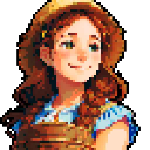 stardew valley-inspired, woman, pixel art, sRGB, vibrant colors, rustic backdrop, farm tools, sunflower field, braided hair, glowing skin, flower crown, gentle smile, freckles, rosy cheeks, straw hat, basket of fresh produce, dirt-stained hands