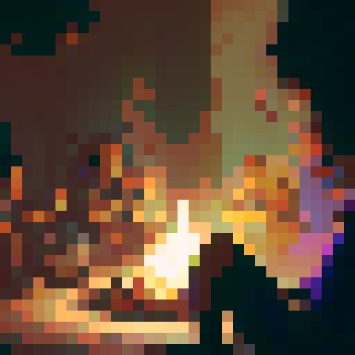 A group of adventures gather around a campfire telling stories to eachother. The male warrior is leaning forward, on hand resting in his lap, the other raised up in a jovial manner as he regales the tales of his travels. The female wizard, whom is rather voluptuous, keeps to herself as she reads her book of spells in one of her hands, the other playing with a little flame wick. The wizards legs are crossed  under her long violet dress, her big rimmed hat resting stop of her head.