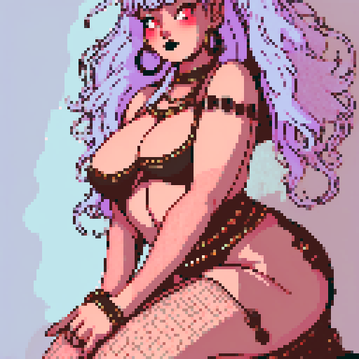 Thicc, curvy, busty goth babe with studded collar, long purple hair in buns, fishnet stockings, studded halter top, in kneeling pose for photo. sRGB