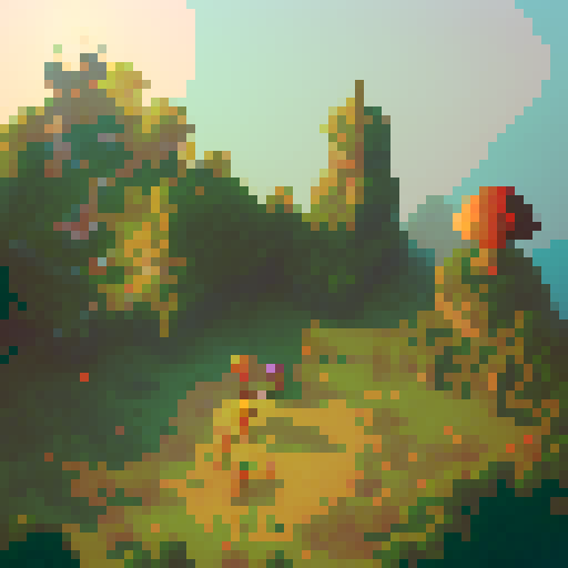 Nameless hero, armored woman, wielding a sword and shield, traversing through a vibrant forest filled with glowing mushrooms and a towering castle in the background