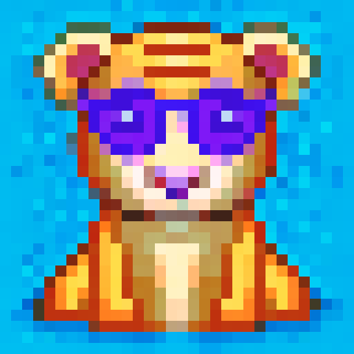 Cuddly orange and black striped cub with wide blue eyes and pink nose, surrounded by lush green jungle leaves, rendered in 32x32 pixel art with skillful attention to detail and vibrant sRGB color palette, perfect for a game icon or close-up portrait
