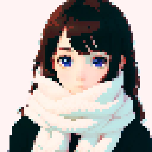 portrait, sprite art, young woman, cute, soft eyes, autistic, cozy winter, white scarf, shy, timid, dark hair, dark eyes
