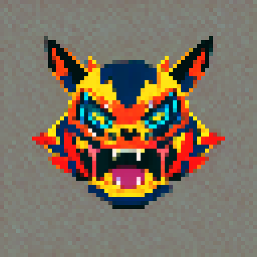 Tiger wrestler roaring fiercely, wearing a mask with sharp fangs, flexing muscles covered in vibrant orange and black stripes, illuminated by neon lights in a futuristic anime world