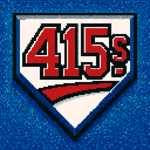 Pixel art of a fictional baseball team called the 415's. It is a reference to the area code.  Just showcase the text over a home plate. Red, white and gray, sharp outlines, and soft pixel shading. The logo design mimics 80s MLB logos. Use a vibrant Sega Genesis 16-bit style with selective dithering, geometric forms, and nostalgic retro charm. Avoid modern gradients—keep it pure pixel art.