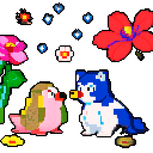 Rose, a warm and empathic person, practicing yoga, swimming, and krav maga, surrounded by pixel art flowers in shades of blue, while studying agricultural sciences, with her favorite Pokemon, Piplup, and a majestic malamute by her side