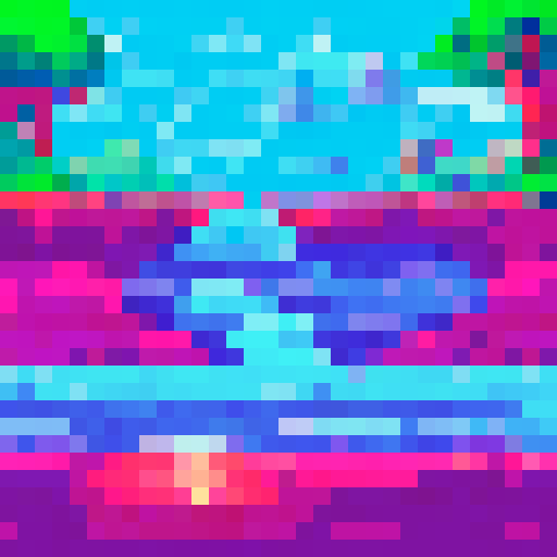 animated, side view, pixel art, sRGB, water flowing, background, landscape, vibrant colors, rippling waves, sparkling highlights, digital art, retro style, flowing river, serene atmosphere, natural scenery