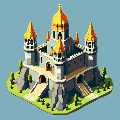 isometric, sacred place, medieval, inside, building, block, sacred, gold
