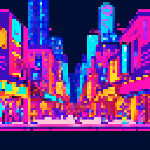 Vibrant jazz musicians, pixelated cityscape, saxophones, trumpets, neon lights, swirling colors, pixel art, sRGB