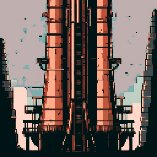 I want a tall vertical copper structure reminiscent of a missile silo. It should have strange mechanical details that could interlock with each other. I also want this object usable as an asset in a videogame, meaning only one object per image, outlined with a strong black stroke, on a solid-color background.