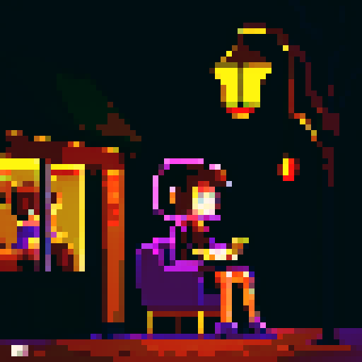 Cozy character sitting at a dimly lit jazz club, under the warm glow of a street light, surrounded by black, dark purple, brown, and gold hues in a pixel art style