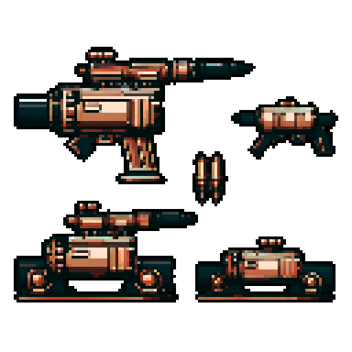 I want a tall vertical copper structure reminiscent of a minigun's barrel. It should have strange mechanical details that could interlock with each other. I also want this object usable an asset in a videogame, meaning only one object per image, outlined with a strong black stroke, on a solid-color background.
