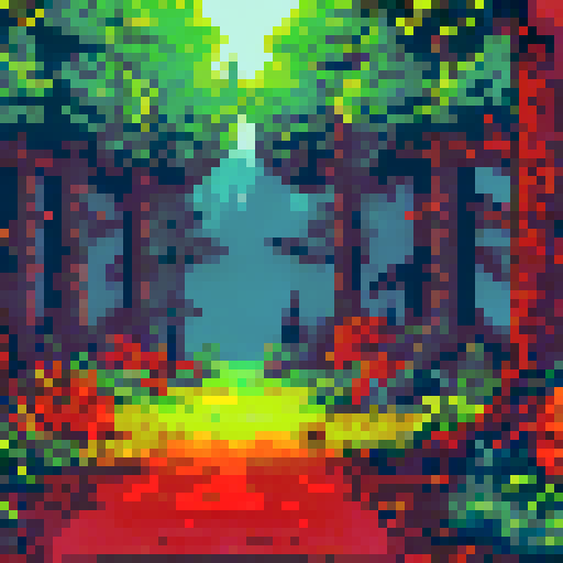 Autumn forest with hedgehogs on the ground, purple colored, pixel art, sRGB, background, landscape