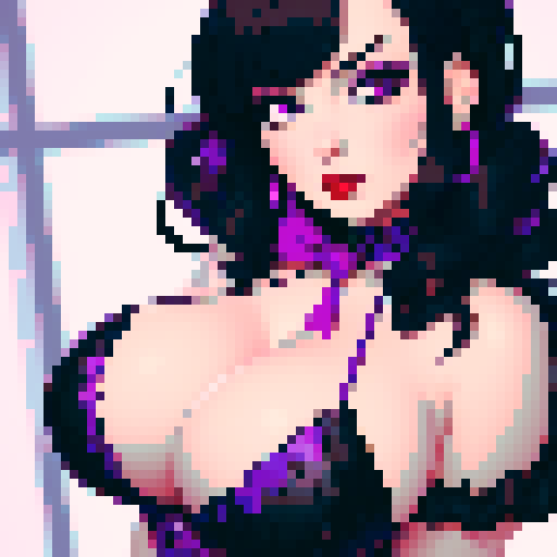 curvy, cute, goth girl,  black hair, purple eyeshadow, red lipstick. Nude glamour shot.