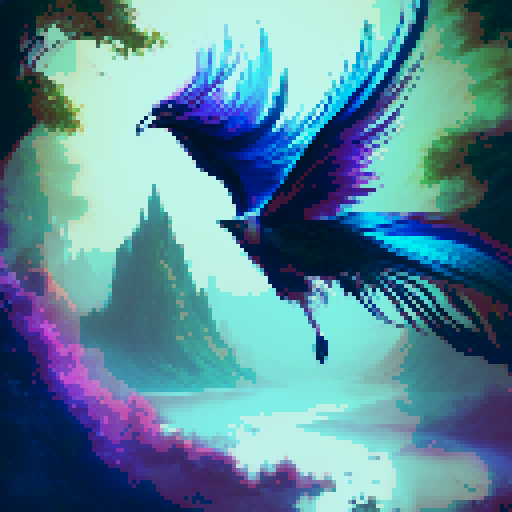 fantasy RPG, majestic, vibrant, multicolored, feathered, bird of paradise, soaring, elegant, graceful, wings spread wide, forest, lush, enchanted, towering trees, sunlight filtering through leaves, moss-covered ground, mystical ambiance