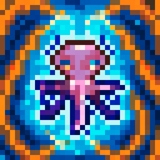 Orange, symmetrical, octopus tentacles curling inwards, vibrant colors, pixelated texture, 32x32 game icon, sRGB palette, skillfully crafted, close-up view, portrait style