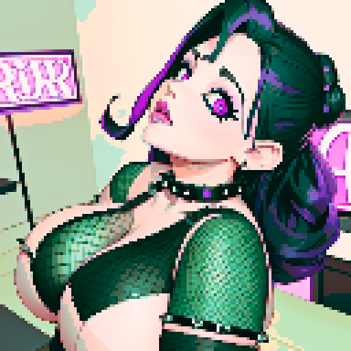 thicc, curvy, seductive busty goth babe with studded collar, long purple hair in buns, fishnet stockings, orgasmic aroused nude big titty goth in a nude sexy pose, neon signage, pixel art, sRGB