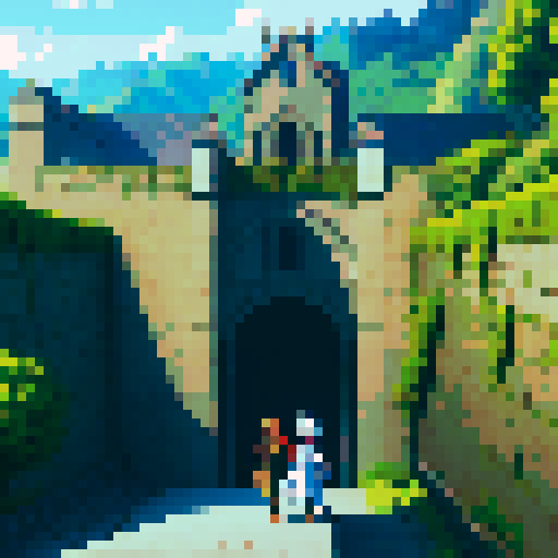 Jrpg characters exiting huge city walls towards the right side of the screen