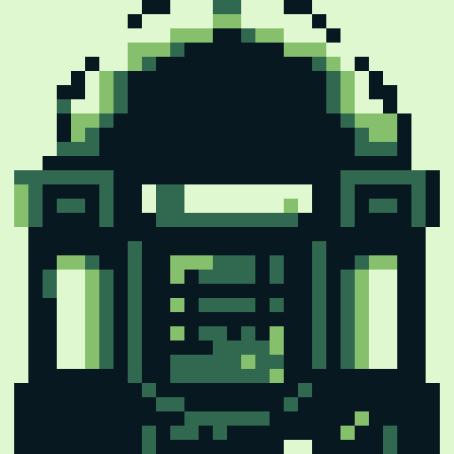 Gameboy-style, 8-bit, pixelated jukebox, vibrant colors, retro buttons, nostalgic tunes, simplified music notes, minimalistic design, geometric shapes, sRGB color palette