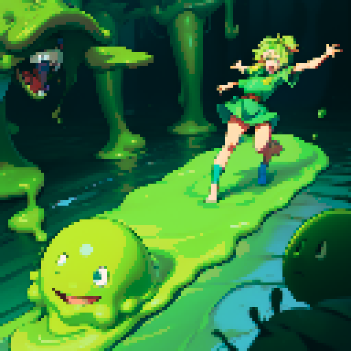 hero sinking into slime, feet stuck in slime
