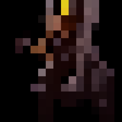 robot, in a black cloak with yellow edges, bright yellow eyes and jaw, hunchback, against a black background with fog, game icon, 16x16, pixel art, close up, portrait