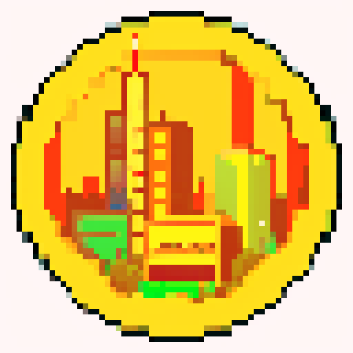 Pixelated skyscrapers towering over a neon-lit city street, bustling with people in suits and briefcases, surrounded by glistening coins and dollar signs, all in vibrant sRGB colors