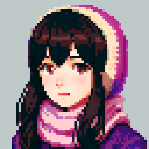 portrait, sprite art, young woman, dark eyes, dark hair, shy girl, awkward, cute, soft eyes, autistic, cozy, scarf, shy, timid, stardew valley
