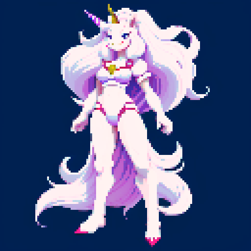 unicorn woman hybrid with cloven hooves, furry, playful expression, clear detail, pixel art style, full body character