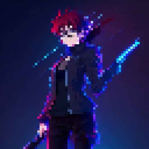 waifu, glasses , red hair , anime style, full body, with sword, blue and black neon background