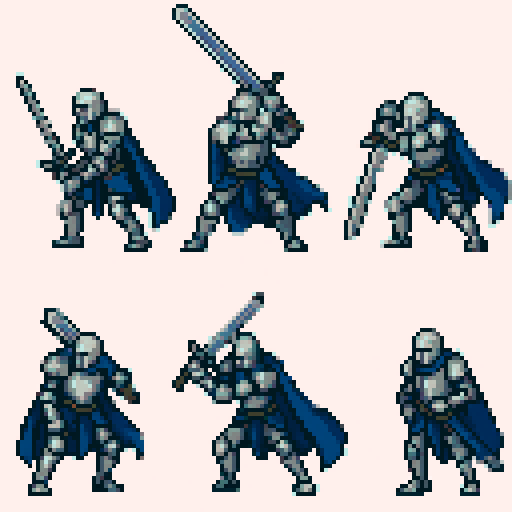 Knight in full armor (silver-gray armor + deep blue cape) wielding a large sword in a fluid motion, broken down into 8 frames: drawing sword, raising above head, preparing to strike, downward strike, then sheathing sword