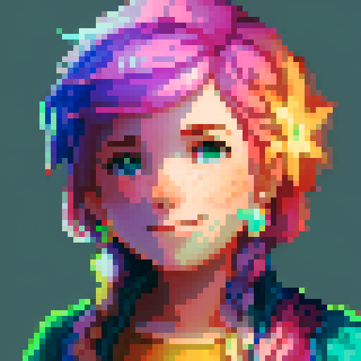 stardew valley-inspired, woman, pixel art, sRGB, vibrant colors, rustic backdrop, braided hair, glowing skin, gentle smile, freckles, rosy cheeks