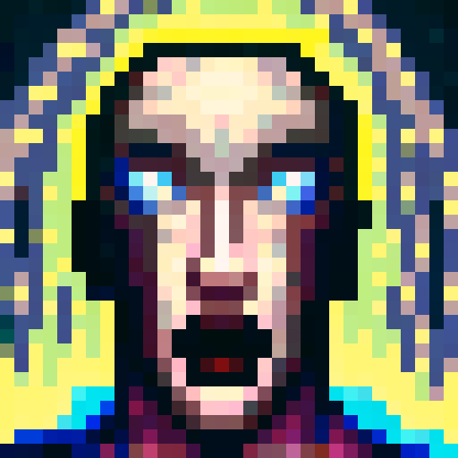 Psychosis, distorted facial features, pixelated details, sRGB palette, close-up shot, skill art, intense gaze, game icon, 32x32 pixel art, close-up portrait