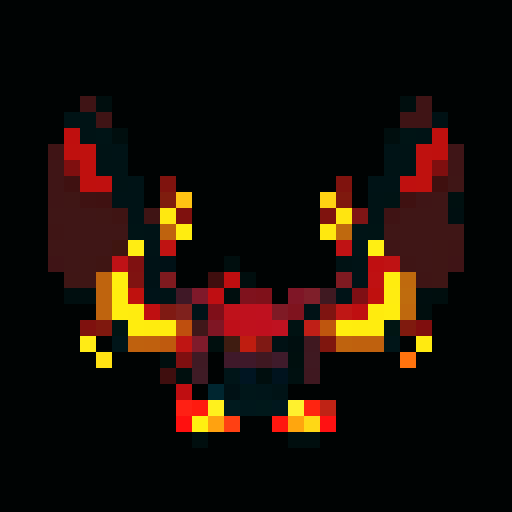 fiery demonic creature with flickering flames, larger wings, glowing red eyes, faint glow, sinister expression, pixel art, sRGB