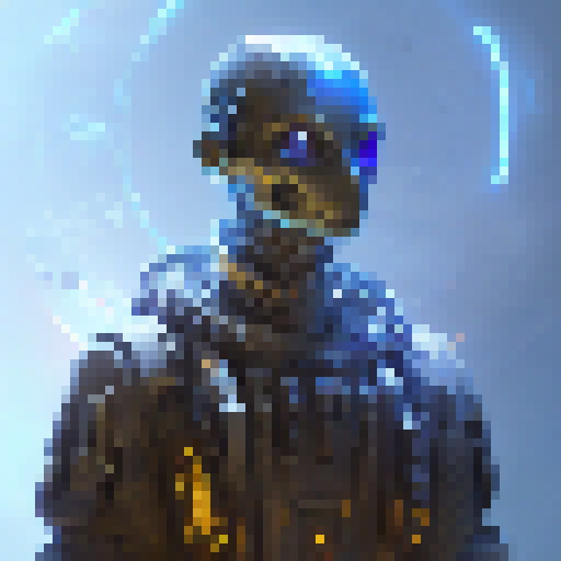 Futuristic, cyberpunk, neon-lit, metallic, sleek, sci-fi. 

        Cybernetic humanoid figure emerges from a hovering pod, wielding a high-tech weapon and clutching a glowing energy orb, against a neon-lit, metallic cityscape.