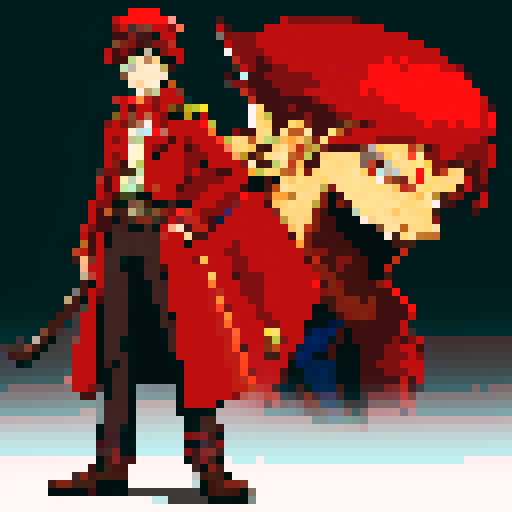 steampunk young man, red coat, red hat, 2D game stance, pixel art, sRGB