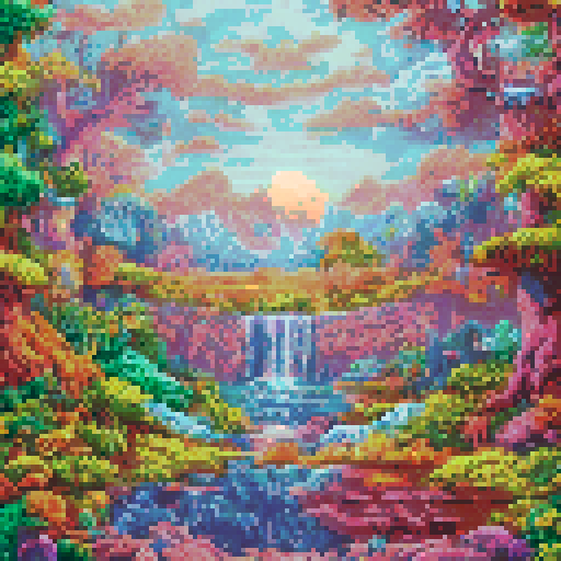 Magic book, glowing, ethereal, floating, open, revealing ancient spells, surrounded by swirling colors, nestled in a lush, enchanted forest, with towering trees and a cascading waterfall, all depicted in vibrant pixel art with a sRGB color palette