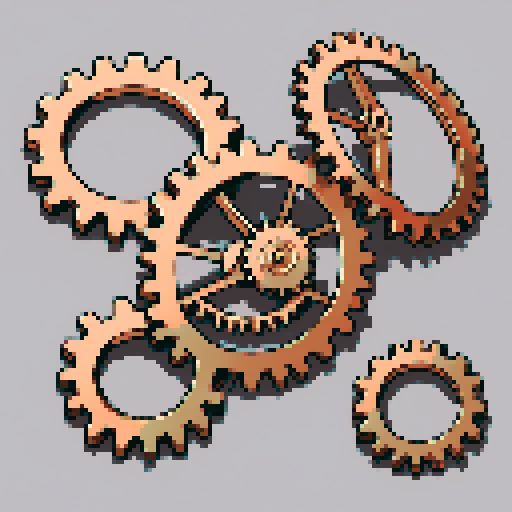 I want a copper gear that looks like it was made by a master clockmaker. It should have strange mechanical details that could interlock with each other. I also want this object usable an asset in a videogame, meaning only one object per image, outlined with a strong black stroke, on a solid-color background.