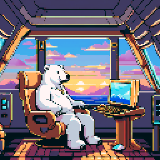 "An 8-bit pixel art of a polar bear lounging in a luxurious private jet. The bear, adorned with gold chains, sunglasses, and a snapback, sits in a plush leather seat, sipping a drink while holding a tablet displaying cryptocurrency charts. The cabin features sleek, modern design with LED accents, stacks of crypto coins on a side table, and large windows revealing a stunning view of clouds and a sunset, blending wealth and crypto success with high-altitude luxury."