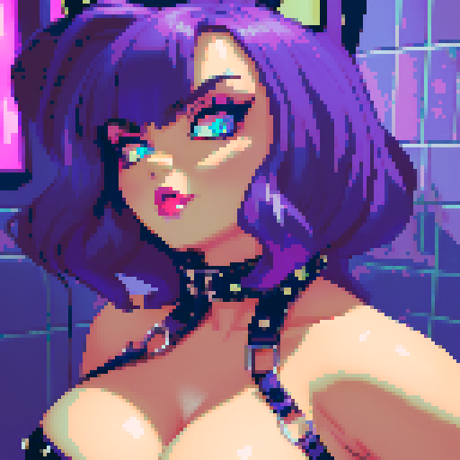 curvy, busty goth babe with studded collar. Nude big titty goth cat girl , in a close up nude glamour shot. Neon lighting, modern tile backsplash.