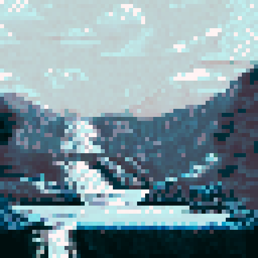 Just a waterfall in 8-bit pixel art in black and white.