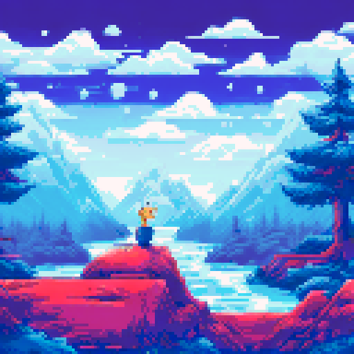 Frozen mountains looming behind a crystal-clear river, icy pine trees swaying in the wind, a small hero standing at the edge of the water, ready to jump into the unknown