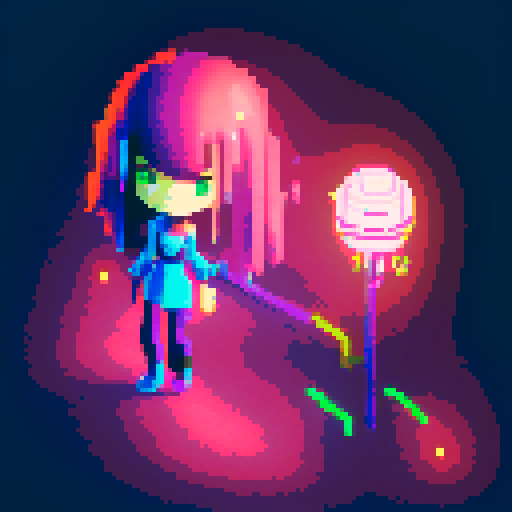 Mage anime girl, flowing hair, fluorescent tattoos, glowing staff, purple neon-lit night market, pixel art