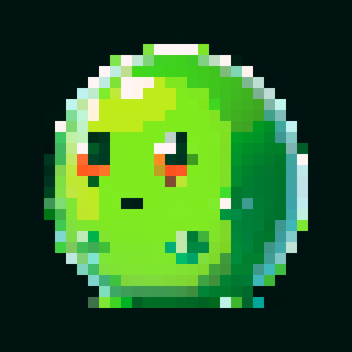 A classic green Slime with a semi-transparent, jelly-like body. It has large, friendly eyes and a simple, happy expression. The Slime has a characteristic amorphous shape and a slightly glossy surface. No background.
